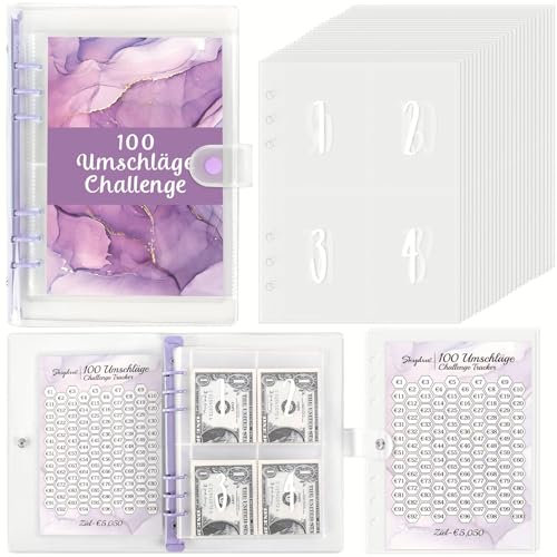 SKYDUE 100 Envelope Saving Challenge Deutsch, A5 Budgetplaner Mit Challengers Tracker & Pre-numbered Taschen, Sparbuch Für Geld Challenge, Sparbuch Für Budget Binder,Ringbuch A5 Lila
