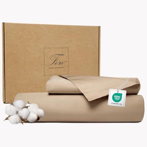 Ferò Set Copripiumino Singolo cotone 155x220 con Federa 50x75, Copri piumino di lusso in Raso di Cotone 300 TC a fibra lunga e Proteine della Seta, Design Made in Italy, Duvet Cover, Beige
