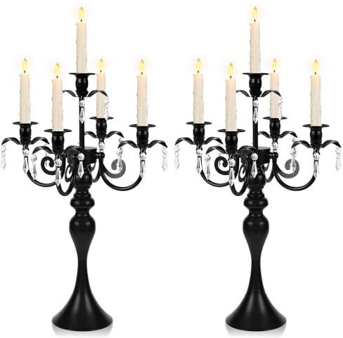 20''Tall Black Crystal Pendant Taper Candle Holders/Stylish Candle Stands/Candlesticks Holder/Candelabra for Home Decor, Weddings/Parties/Elegant Dining Table Centerpiece (2, Black, 5 Arm)