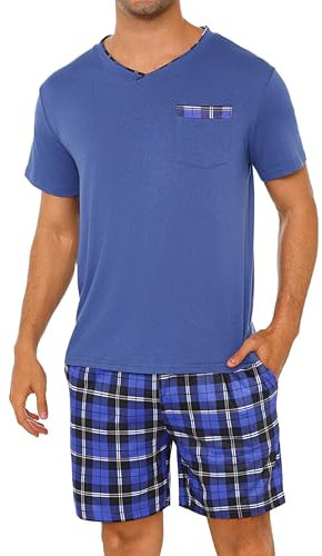 Leversic Pigiama Uomo Estivo Pigiami Corto Scollo a V Abbigliamento da Casa in Due Pezzi Comodo Morbido 308-Blu L