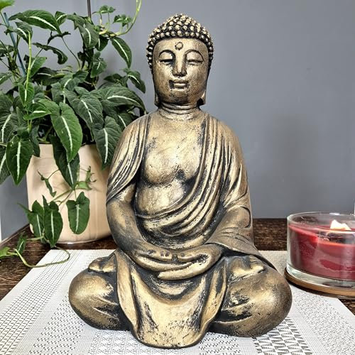 FABRIQ Groß Buddha Figur, Feng Shui, Steinguss Zen Garten, Deko Buddha, Grau, wetterfest, massiv, 38cm, 12kg – Full Gold 38 cm, (Full Gold)