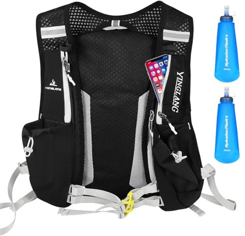 Trinkweste zum Laufen, Leichter Laufwesten-Rucksack, funktionelle Weste mit 2 * 500ml Softflasks zum Radfahren, Klettern Wandern, Herren und Damen, 5 Taschen für Wasserflaschen Karten Schlüssel(Black)