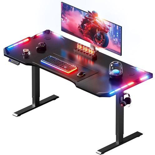 HLONONE Höhenverstellbarer Schreibtisch 160 x 60 cm,Gaming Tisch mit LED,Elektrischer Schreibtisch,Steh-Sitz Tisch mit Kohlefaseroberfläche, Elektrisch Computertisch mit 3-Funktions-Memory, Schwarz