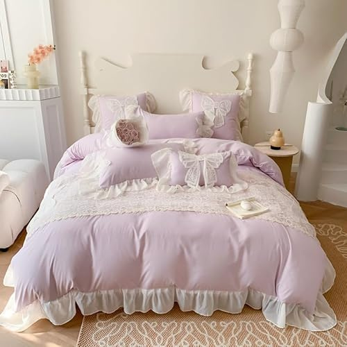 JIAOZUOSIGA Spitzen-Bettwäsche-Set mit Rüschen, Rüschen-Bettwäsche-Set mit Fliege, Bettdeckenbezug-Set mit Reißverschluss, Mädchenprinzessin-Bettwäsche mit Kissenbezug (lila, Einzelbett 140 x 200 cm)