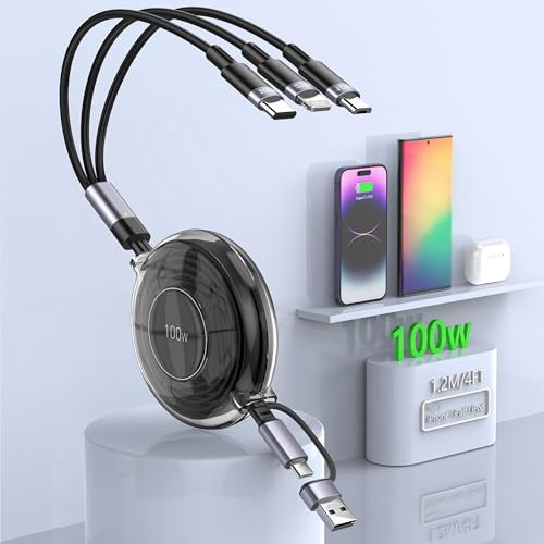 Opluz 3-in-2 Retractable 100W Multi Charging Cable, i Phone Fast Charger Cable with 100W Type C+27W IP+Micro USB,USB A/USB C Retractable iPhone Multi Charger Cable for iPhone 16/15/14/Samsung/MacBook