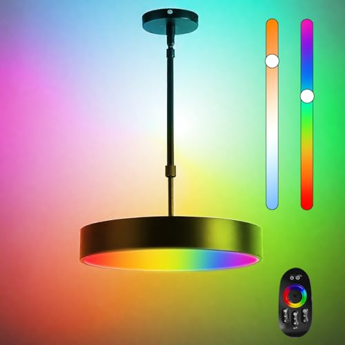 Hängeleuchte LED Deckenleuchte Dimmbar RGB Farbwechsel Pendelleuchte mit Fernbedienung Höhenverstellbar Pendellampe Modern Schwarz Hängelampe für Küche Esszimmer Nachttisch Schlafzimmer Lampe Ø30cm