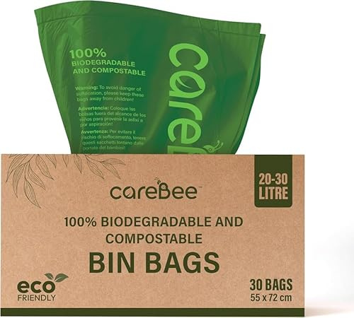 CareeBee Biodegradable Kitchen Bin Bags– 100% Compostable, Made from Corn Starch & PBAT– Eco-Friendly, Leak-proof, Tear-Resistant– Food Waste Bags for Home & Office (20-30L, 30 Bags)