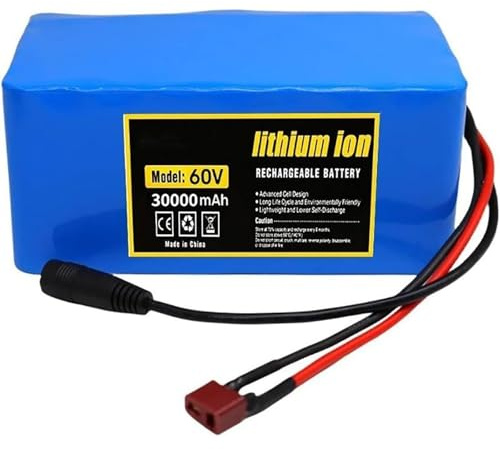 QmEna 60 V 30 Ah Akku für E-Bike, 16S2P Lithium-Ionen-Akku, mit Schutzplatine und Ladegerät, Lithium-Akku, für 200 W, 350 W, 500 W Motoren 60V 30Ah,XT90+DC