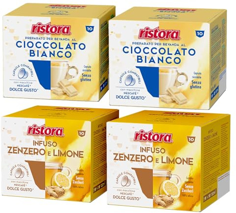 Set 80 Capsule Ristora Compatibili con le Macchine ad uso domestico Nescafè®* Dolce Gusto®* 40 Cioccolato bianco 40 Infuso Zenzero e Limone