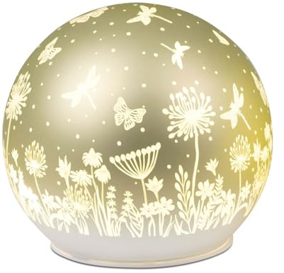 formano LED Deko Kugel Glas Pastell Grün 12cm Matte Glasleuchte mit Blumen-Dekor- Timer 6h/18h, batteriebetrieben (3× AA), stimmungsvolles Ambientelicht für Tisch, Fensterbank & Regal