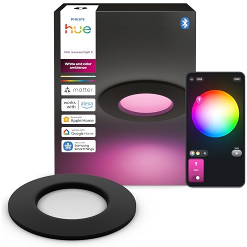 Philips Hue Slim Downlight, Smarte LED-Beleuchtung, 1.000 lm, 90 mm, Schlankes Design, Vollspektrum-Tagesl. 1.000–20.000 K, Extrem Stufenlos Dimmbar, Präzise Farbe, Smart Lighting, Schwarz, 1er-Pack