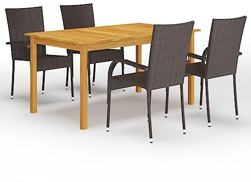 KGHERMDF 5-TLG. Garten-Essgruppe Braun Akazienholz | Stapelstuhl pulverbeschichtet Stahl, PE-Rattan, 110 kg pro Sitzplatz, pflegeleicht