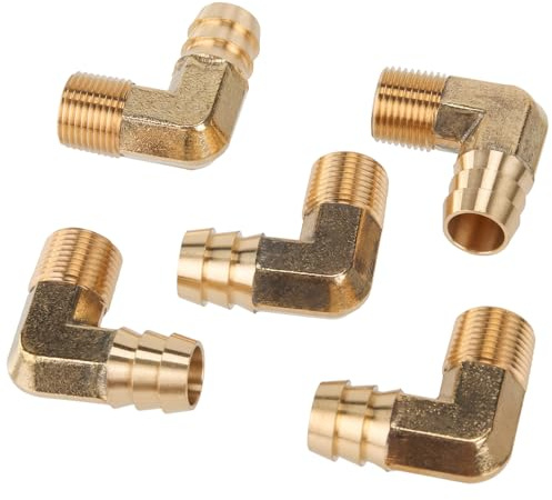 LTWFITTING 90 Deg Elbow Brass Barb Fitting 3/8-Inch Male BSPT x 16mm ID Hose(Pack of 5)