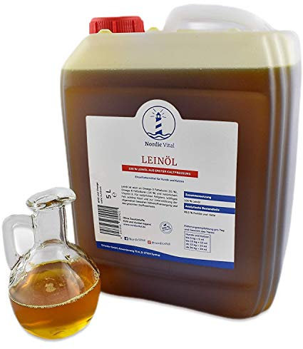 NordicVital Leinöl 5 Liter für Pferde, Hunde, Katzen, 100% ohne Zusätze, Premiumqualität - Leinsamenöl direkt aus erster Kaltgepressung perfekt zum Barfen