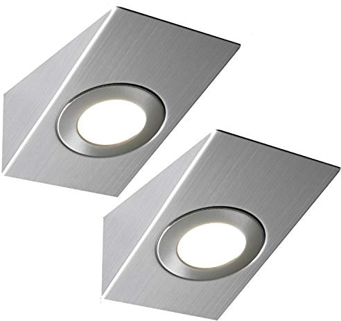2 Pack | Bright 2.6W LED Under Cabinet Wedge Spot Lights & Driver Kit | Stainless Steel & Warm White | Kitchen Worktop Countertop Cupboard Unit Down Light | Modern Lighting Fitting
