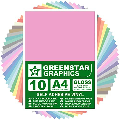 GREENSTAR GRAPHICS Glossy A4 Sticky Back Plastic SELF Adhesive Art & Craft Vinyl (10 Sheet Pack). Compatible with 12” Cricut, Silhouette Cameo/Curio/Portrait, Scan N Cut (Baby Pink Gloss 10 A4)
