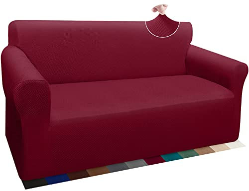 Granbest Thick Sofabezug Stylish Pattern Sofaüberzug für Sofa Stretch Elastische Jacquard Sofahusse Couchhusse mit Armlehne für Wohnzimmer Anti-Rutsch (2 Sitzer, Weinrot)