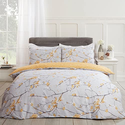 Dreamscene Spring Blossom Duvet Cover with Pillowcase Reversible Floral Bedding Set, Ochre Yellow - Superking
