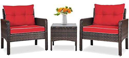 Tangkula 3-teiliges Outdoor-Terrassenmöbel-Set, Korbstuhl-Set mit Glasplatte, Couchtisch, Dicke Kissen, Allwetter-Garten, Rasen, Pool, Hinterhof, Veranda, Möbel-Set für 2 Personen (rot)