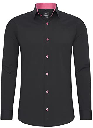 Rusty Neal Chemise pour homme - Coupe slim - Manches longues - Stretch - Contraste - Chemise d'affaires - Chemise de loisirs, noir/rose, XL