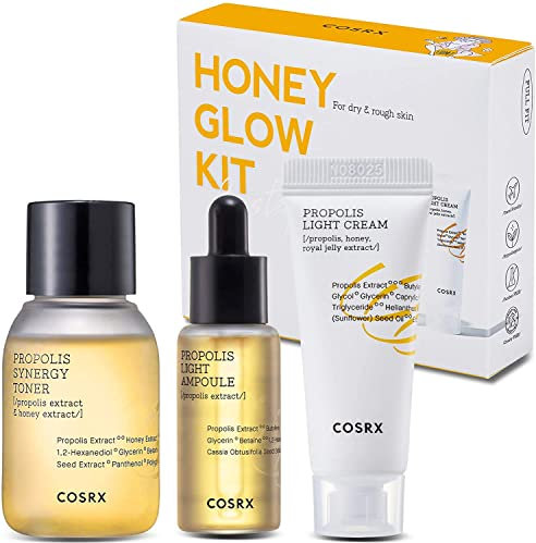 COSRX Honigglitter, koreanisches Hautpflegeset mit Propolis Gesichtswasser, Serum und Creme, Mini-Reise-Essentials, tiefe Feuchtigkeit, Feuchtigkeit, Ernährung, Geschenkset