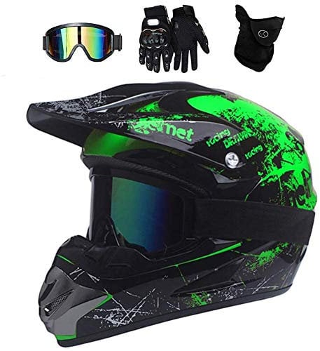 UIGJIOG Motorradhelm,Motocross Helm,Helm Kinder,Helmets Kinder-Cross-Helm, Road Helm mit Handschuhe Maske Brille, ATV Helm,Grün,M(54~55cm)