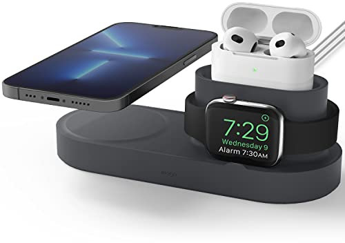 elago MS Trio1 Cargador inalámbrico 3 en 1 Compatible con MagSafe, iPhone 17/16/15/14/13/12, Todas Las Series de Apple Watch, Todas Las Series de AirPods [Cargador No Incluido] (Gris Oscuro)