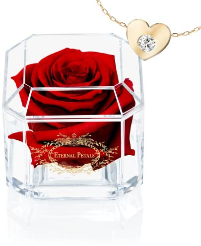 Eternal Petals A Real Rose That Lasts Years, Handmade in UK – Gold Solo with Gift Box, 18 ct Gold plated Heart Necklace with Clear Crystal and Love Message Greeting Card (Deep Red)