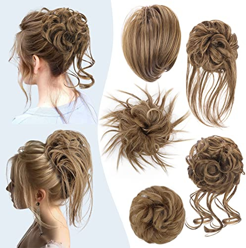 HMD 5 Pieces Messy Hair Bun Hairpiece Tousled Updo for Women Hair Extension Ponytail Scrunchies with Elastic Rubber Band Long Updo Messy Hairpiece Hair Accessories Set for Women（12/24）