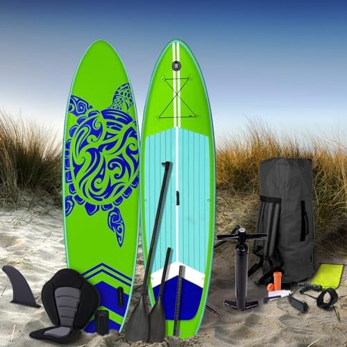 BRAST® SUP Board Turtle | Aufblasbares Stand up Paddle Set | 320x81x15cm | 4 Designs | 5 Jahre Garantie | inkl. Sonderzubehör | 2in1 Paddel Kajak-Sitz Action-Cam-Halterung Fußschlaufe | Grün
