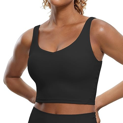 CRZ YOGA Butterluxe Damen V-Ausschnitt Longline Sport-BH - Gepolstert Workout Crop Tank Top mit Eingebautem BH Schwarz L