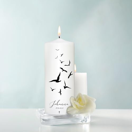 Wandtattoo Loft Trauerkerze personalisiert mit Namen und Datum, Motiv mit schwarzen Vögeln, 18cm x 7cm, personalisierte Trauerkerze, Kondolenzkerze, Beileidskerze, Trauerlicht, Grabkerze