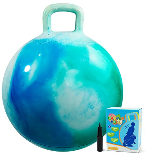 INPODAK 45cm Hüpfball für Kinder von 3 bis 6 Jahre Blau Hüpfbälle mit Pumpe | 100 KG Belastbar Rutschfest Springball mit Griff Hüpfspielzeug für Drinnen Draußen Oster Weihnachten Geschenke für Kinder