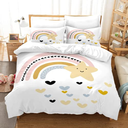 Tomifine Kinder Bettwäsche 135x200 cm Regenbogen Mädchen Bettwäsche Set Regenbogen Wolken Bettbezug mit Kissenbezug Mikrofaser (100x135 cm+40x60*1,Bunt f)