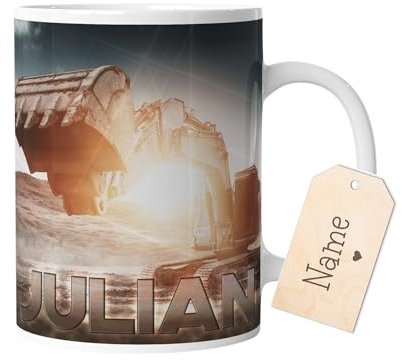 timalo® Tasse Motiv Bagger mit Namen bedrucken lassen | Individuelle Kindertasse Baustelle Wunschname für Kinder Jungen Männer | mug-kind17