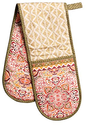 Maison d' Hermine Double Oven Mitt (18 cm x 89 cm) 100% Cotton Heat Resistant BBQ Cooking Gloves with Loop for Christmas Decorations Baking Cooking Barbeque Handling Hot Pan (Damask)