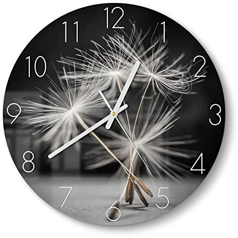 DEQORI Glasuhr | rund Ø 30 cm | Motiv Samen der Pusteblume | ausgefallene leise Design Uhr aus Glas | Wanduhr für Wohnzimmer & Küche | Moderne Hingucker Uhr für die Wand