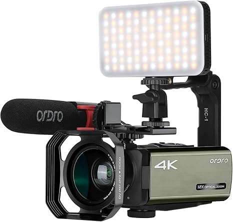 ORDRO 4K Camcorder UHD Video Camera Digital 1080P with 12x Optical Zoom Live Streaming Camera Recorder Bundle