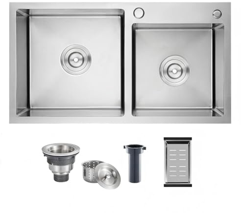 DuyviSteil 30 Inch Double Bowl Drop-in/Topmount Kitchen Sink, Nano-Coated Stainless Steel Kitchen Sink with Accessories (Silver)