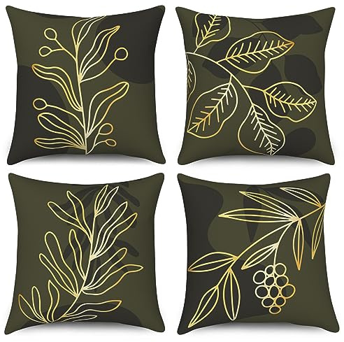 ASDCXZ Blätter Kissenbezug 40x40 cm 4er Set, Modern Kunst Gold Blätter Grün Sofa Dekokissen Kissenbezüge Kissenhülle Waschbar Polyester Flachs Textil Outdoor Polster Kopfkissenbezug Kissen Bezug