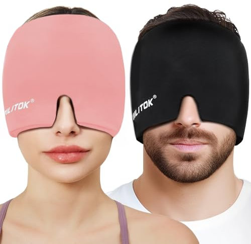 EXQUISLIFE Migräne Kopfschmerzen Relief Cap, Gel Ice Head Wrap, Heiß- und Kältetherapie, Kopfschmerzen Augen Maske für Sinus, geschwollene Augen, Verspannungen und Stressabbau (Schwarz & Rosa)
