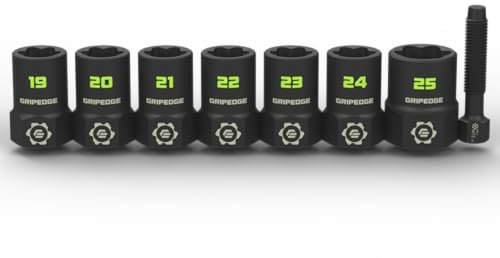 Grip Edge GRIPEDGE Tools | 7-PC – 1/2'' Drive Metric RPT Socket Extractor Set | Sizes 19 – 25 MM | Removes Broken Studs, Stripped Bolts and Lug Nuts | Includes Premium EVA Foam Storage|,(XCM7S)