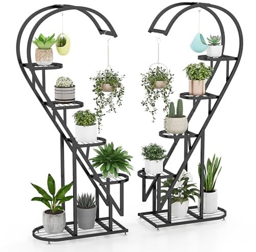 COSTWAY 5-Tier Tall Plant Stand, 2-Pack Heart-shaped Ladder Plant Shelf with Hanging Hooks and Adjustable Foot Pads, Indoor Outdoor Metal Display Pot Holder for Balcony Garden Patio (Black)