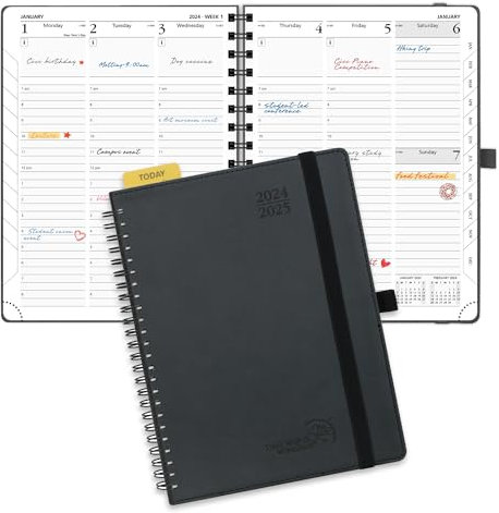 POPRUN Planer 2024–2025 (16,5 x 21,6 cm), akademischer Jahreskalender (Juli 2024 – Juni 2025) mit stündlichen Zeitfächern, Wochen- und Tages-Terminbuch für Zeitmanagement, Ledereinband, Schwarz
