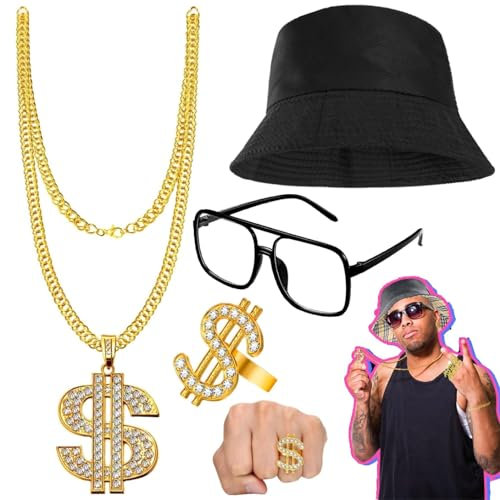 4 Stück Hip Hop Kostüm Set,black Cap Personalisiert Goldene Dollar Kette Brille Armband & Ring,Karneval Kostüm Herren 80er 90er Jahr Rapper Zubehör für Fasching Karneval (black)