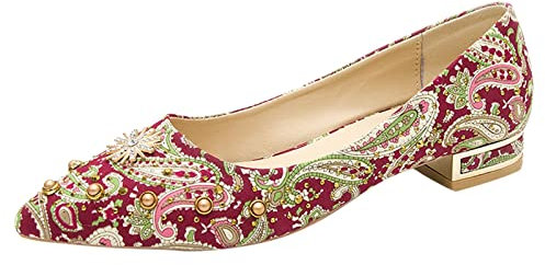Fashion Summer and Autumn Women Pumps Low Heeled Flat Pointed Toe Pearl Rhinestone Colorful Print Flat Bridal Shoes (Red, 5.5)