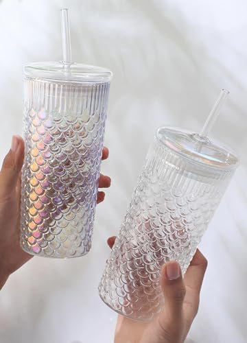LARYVIN Meerjungfrau Skala Glas Tumbler Cup mit Deckel Stroh Set von 2, 680ml. Glas Trinkgläser mit Strohhalmen, Eiswasser Gläser Tumbler für Eissaft, Tee, Milch, Smoothie und kaltes Getränk.