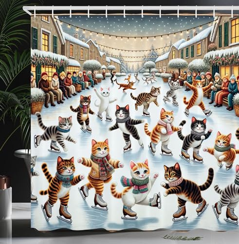 ABAKUHAUS Katze Duschvorhang, Lustige und fröhliche Kätzchen beim Eislaufen Winterglück Lustiger Cartoon Xmas, Stoffliches Gewebe mit Haken, 175 x 200 cm, Orange Braun Blasses Blau