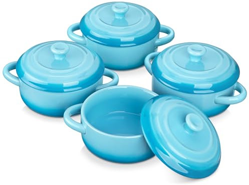 LOVECASA Mini Cócotte 380 ml 12 x 5,1 cm con Tapa Juego de 4 Cazuelas de Barro para Hornear Cazuelitas Redondas con 2 Asas Moldes para Hornear Pasteles, Moldes de Gres, Azul Gradual