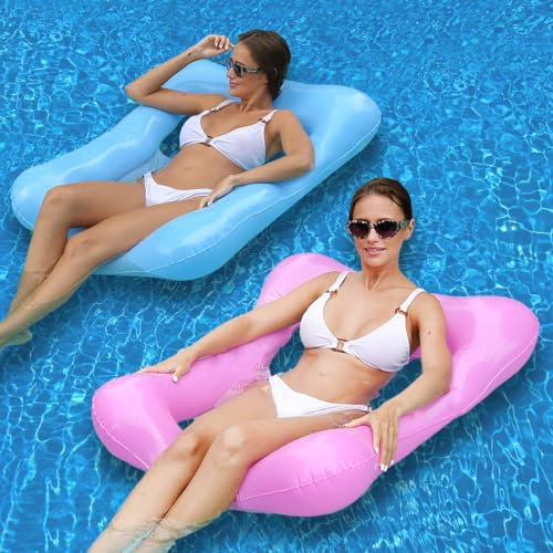 2PCS Flotante de Agua Flotante, Estilo de Campo Flotante, Color Puro, para niños y Adultos, descansan con luz Solar, Asiento neumático, Silla de Descanso (Rosa + Azul Claro)